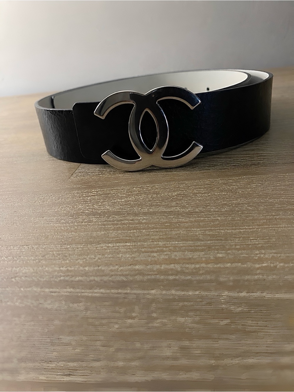 Cc black leather reversible belt with silver belt buckle